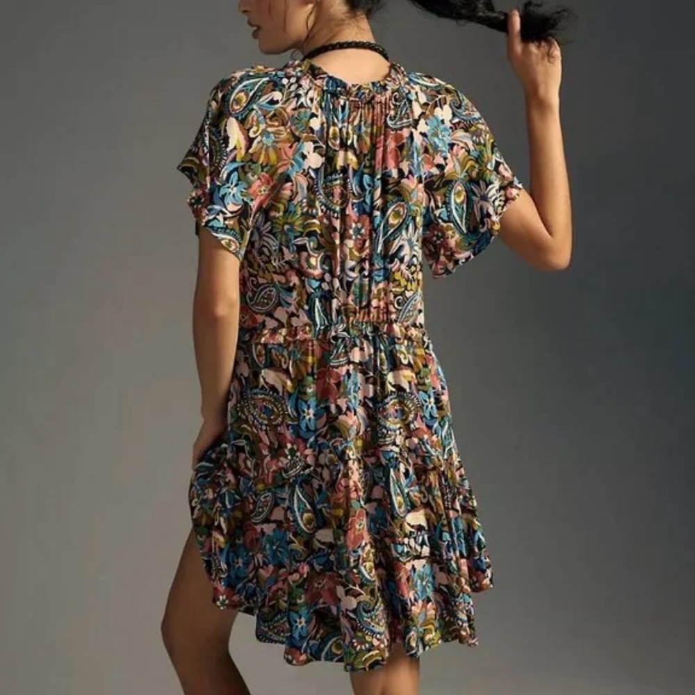 XL By Anthropologie-Robin green blue + pink Paisley tiered ruffle mini dress.XL - Picture 3 of 16